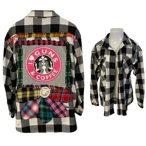 Upcycled Flannel Shirt Womens 1X Shacket Guns Coffee Grunge Camp Rock Country